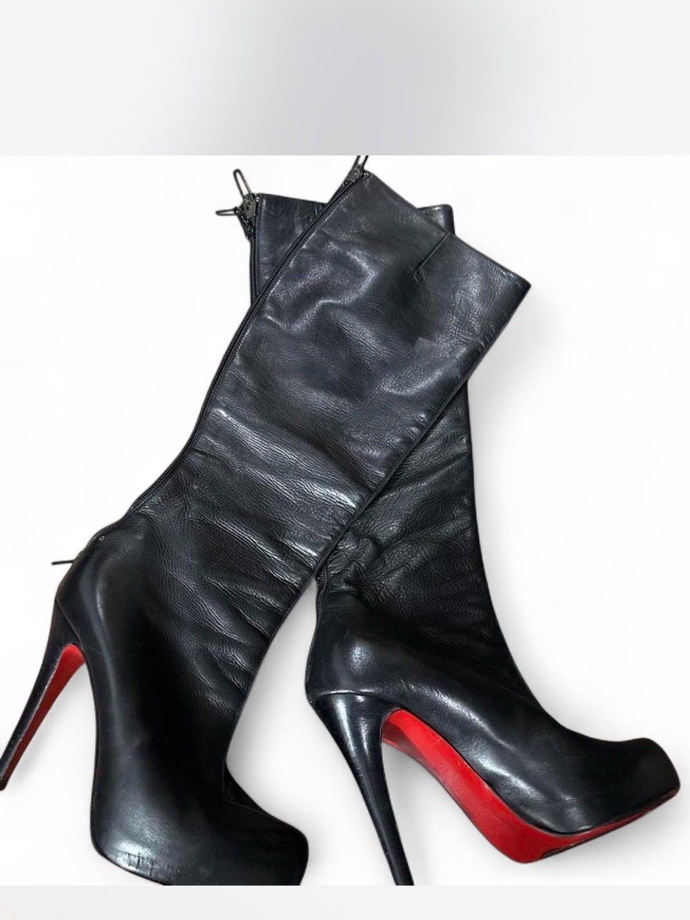 Christian Louboutin Black Leather Knee-High Stiletto Boots with Red Sole